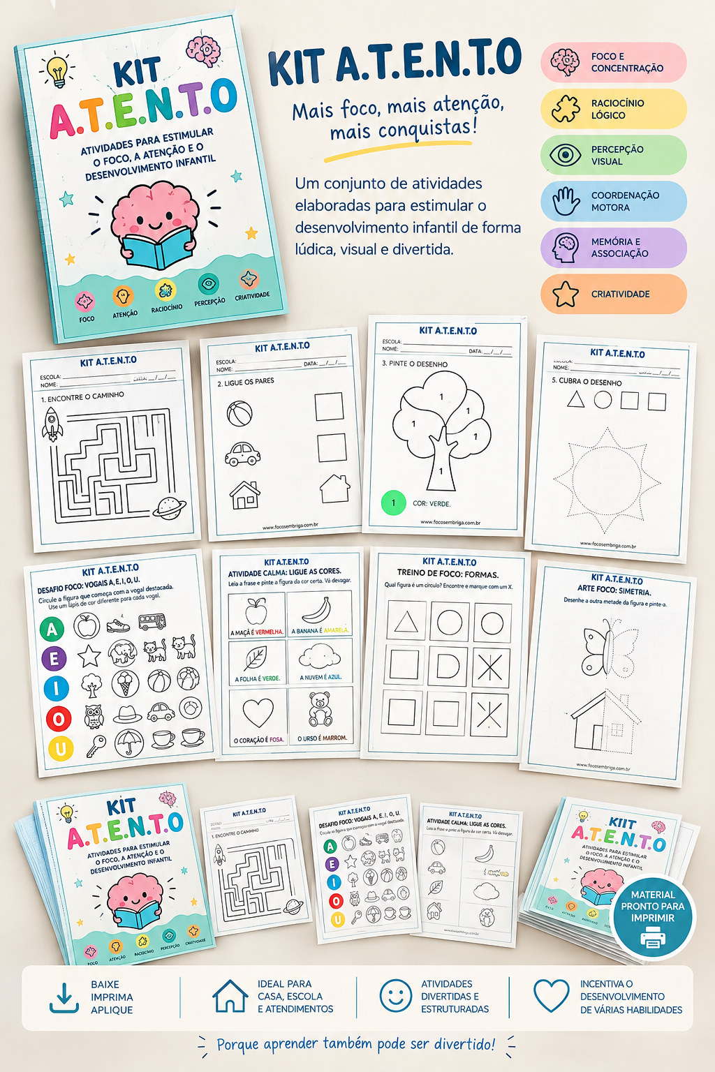 Kit A.T.E.N.T.O com capa e páginas prontas para imprimir: labirinto, associação, pintura, letras, cores, formas e simetria